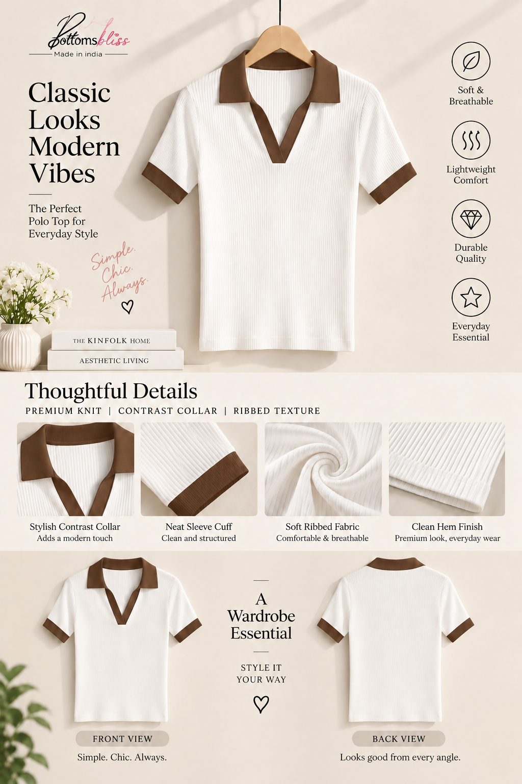Contrast Ribbed Polo Half Sleeve — White & Brown