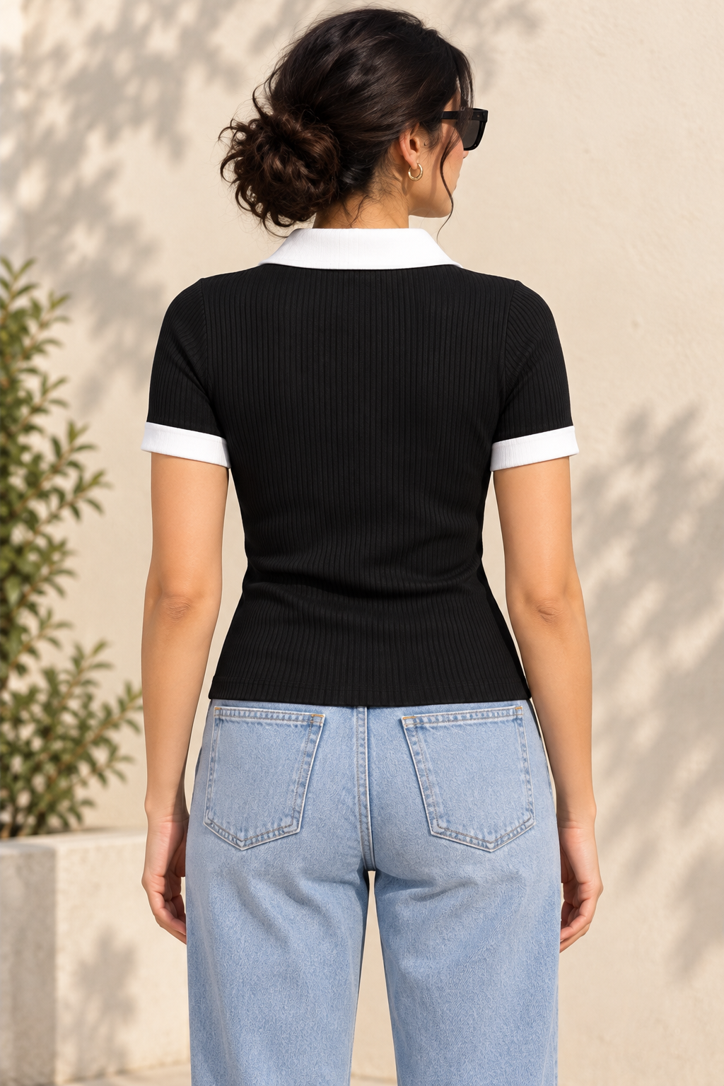 Contrast Ribbed Polo Half Sleeve — Black & White