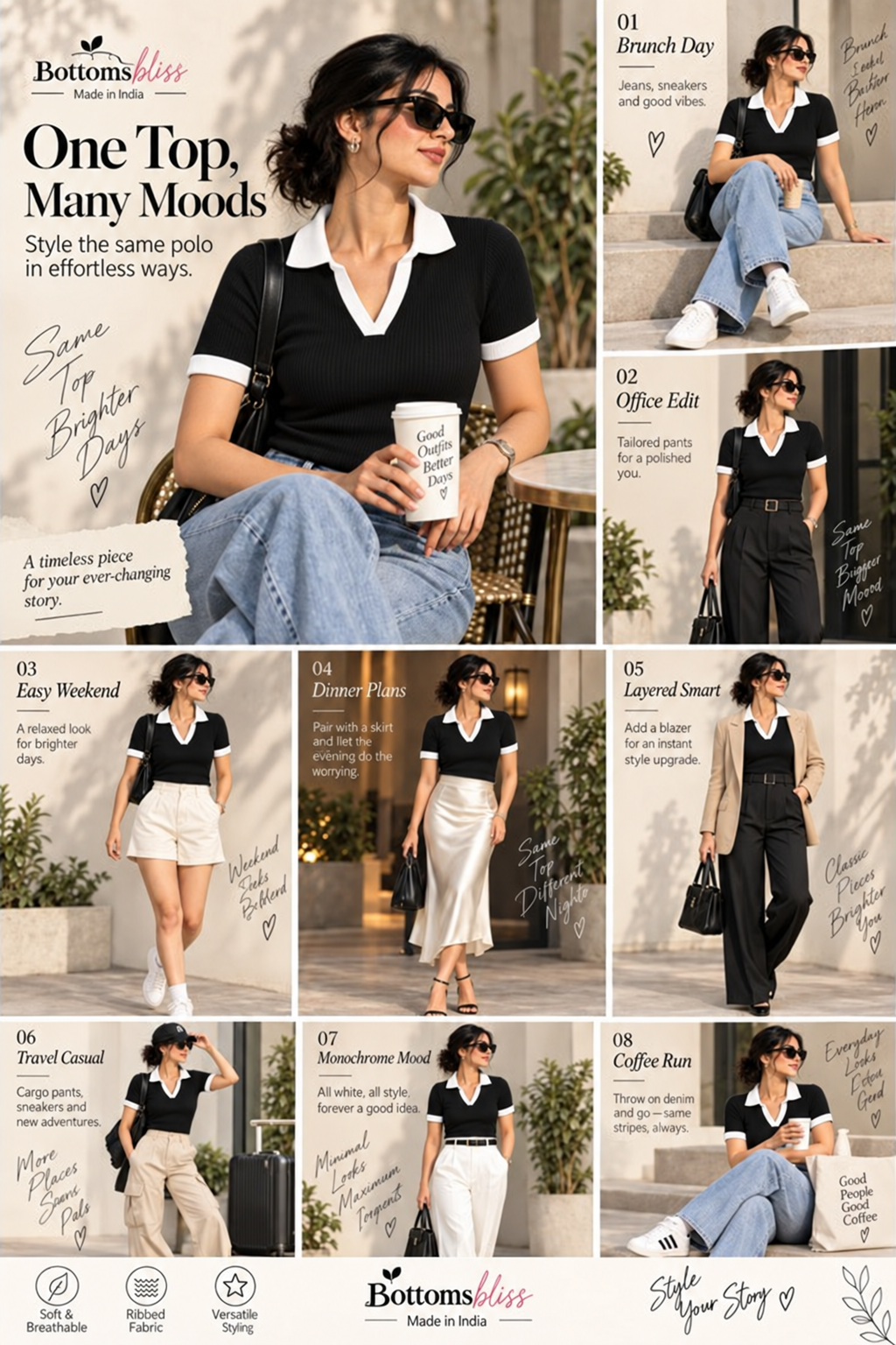 Contrast Ribbed Polo Half Sleeve — Black & White