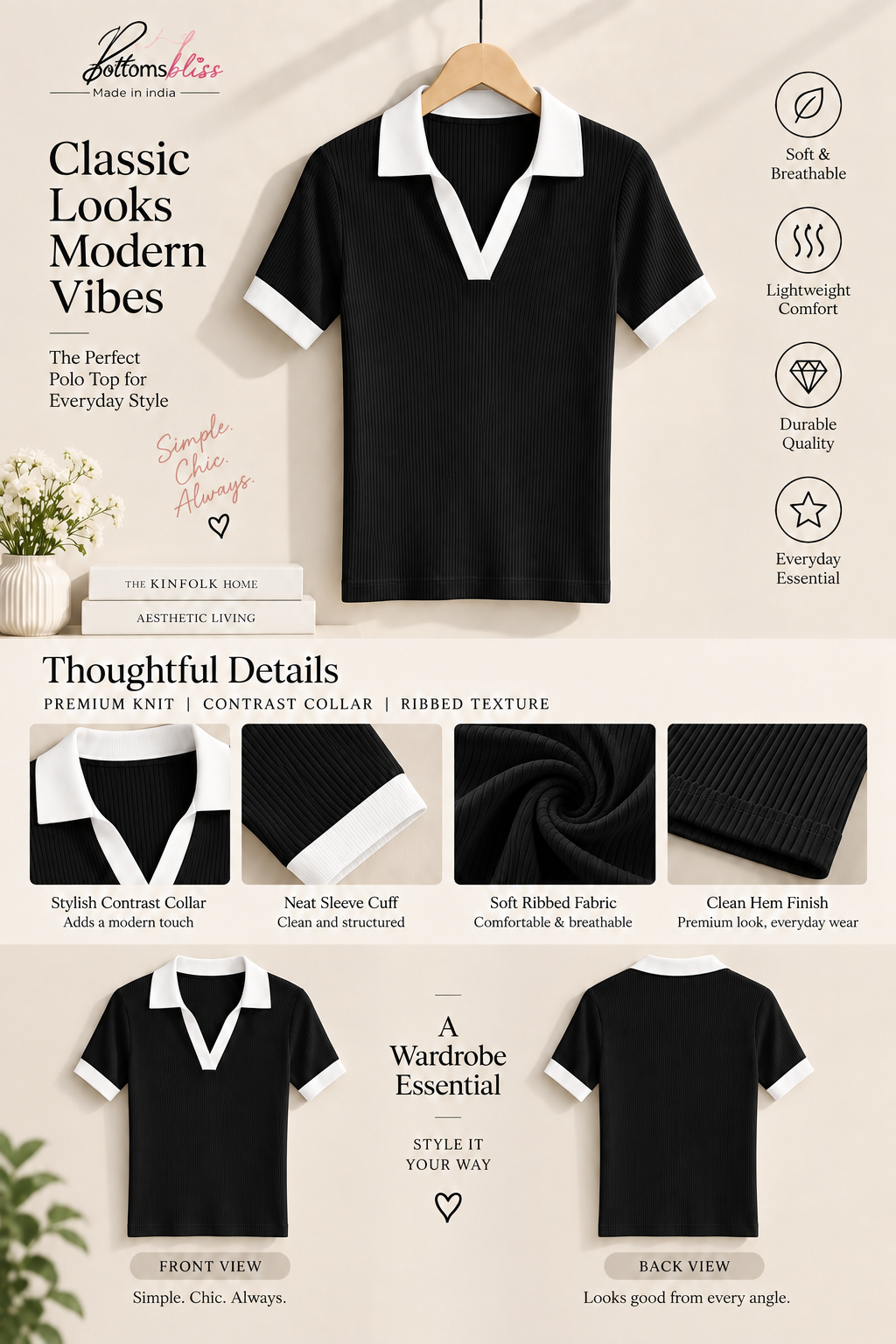 Contrast Ribbed Polo Half Sleeve — Black & White
