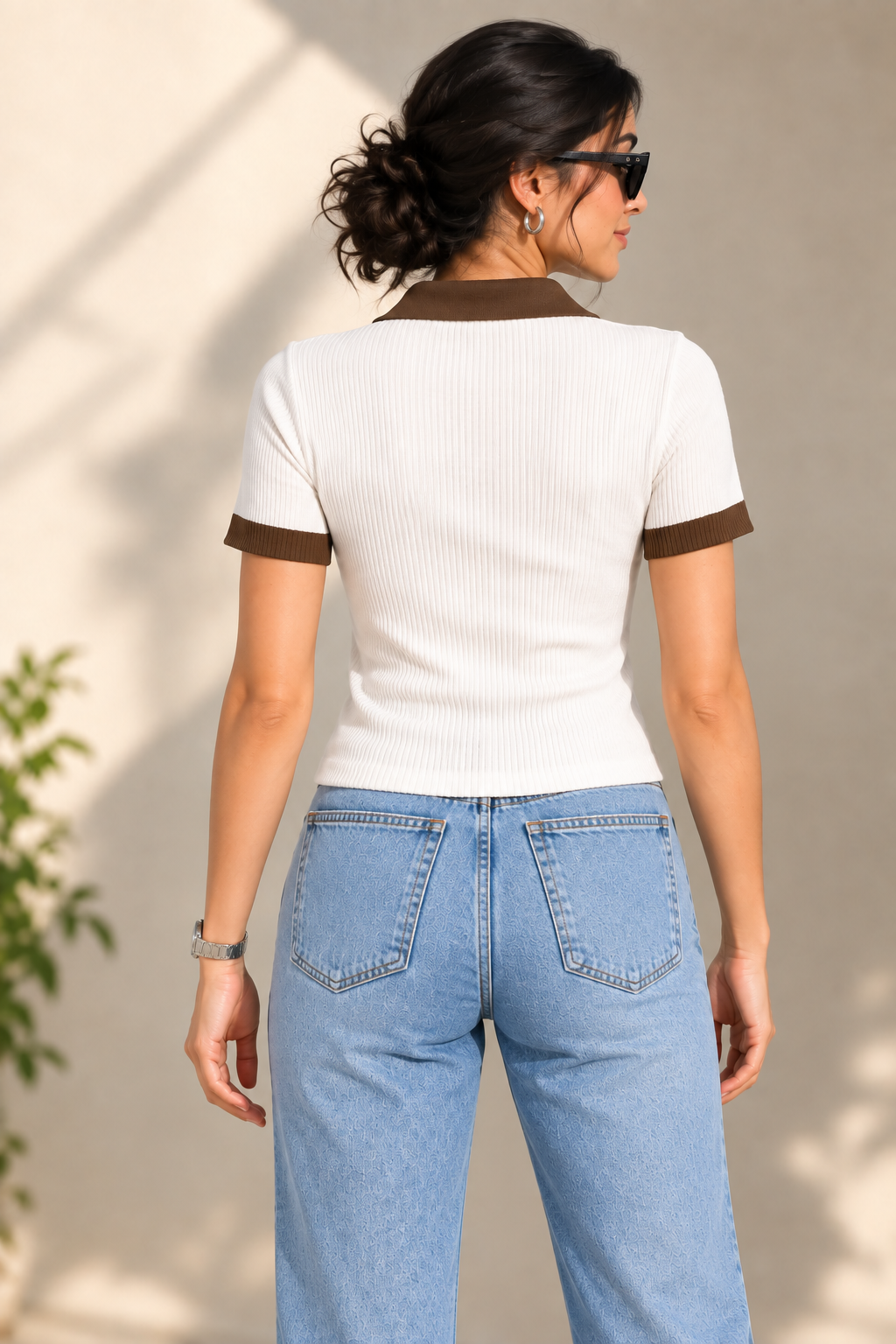 Contrast Ribbed Polo Half Sleeve — White & Brown