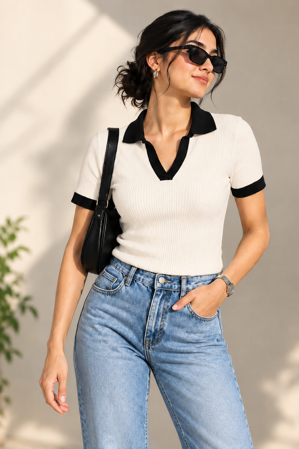 Contrast Ribbed Polo Half Sleeve — Cream & Black