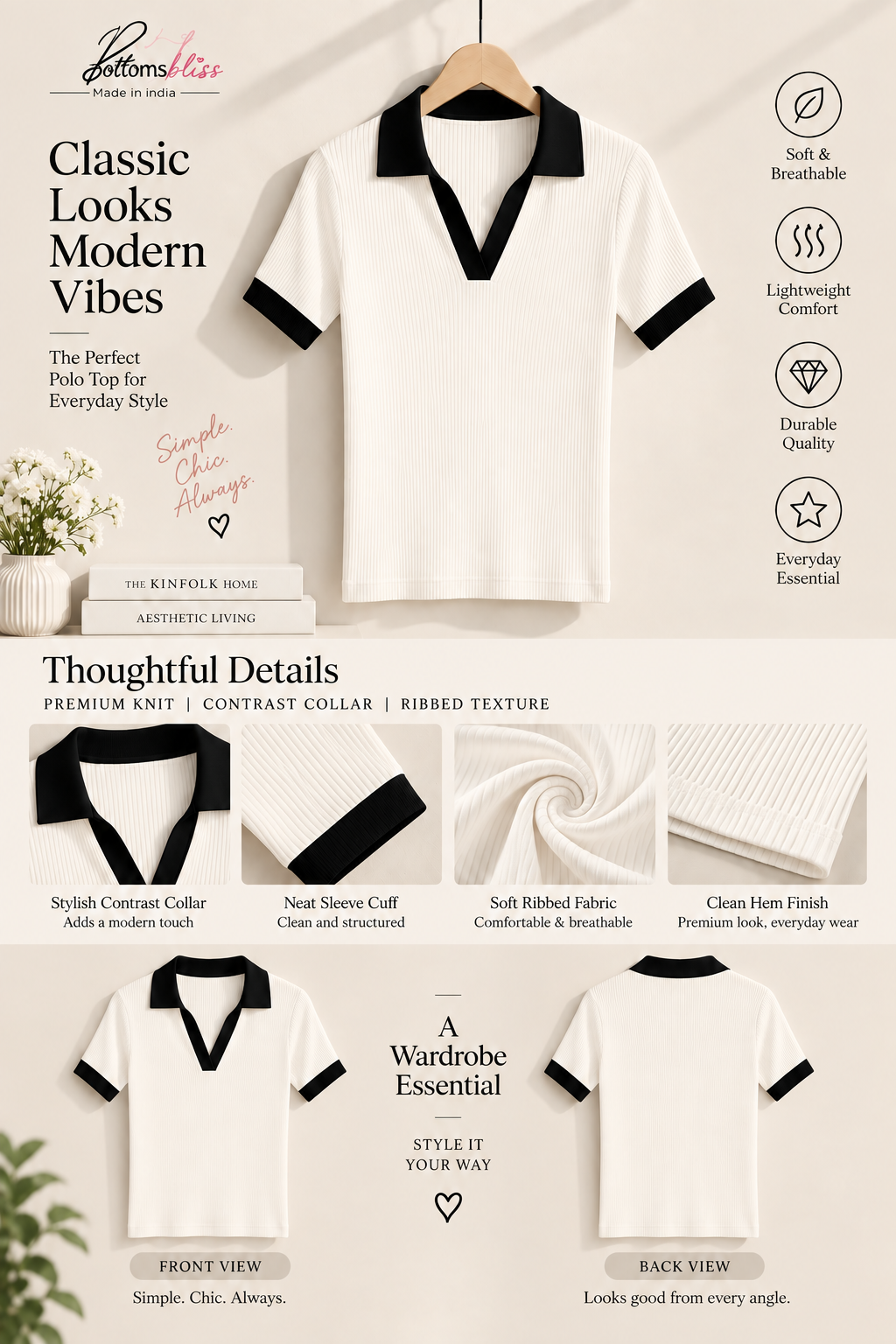 Contrast Ribbed Polo Half Sleeve — Cream & Black