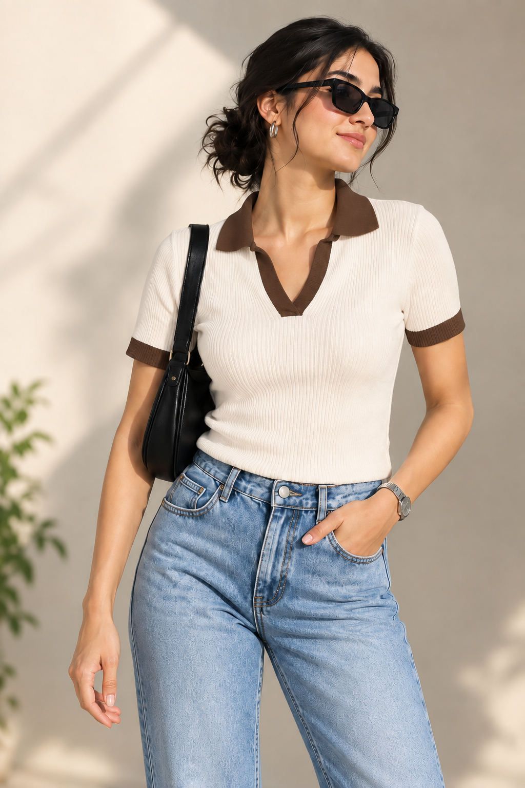 Contrast Ribbed Polo Half Sleeve — Cream & Brown