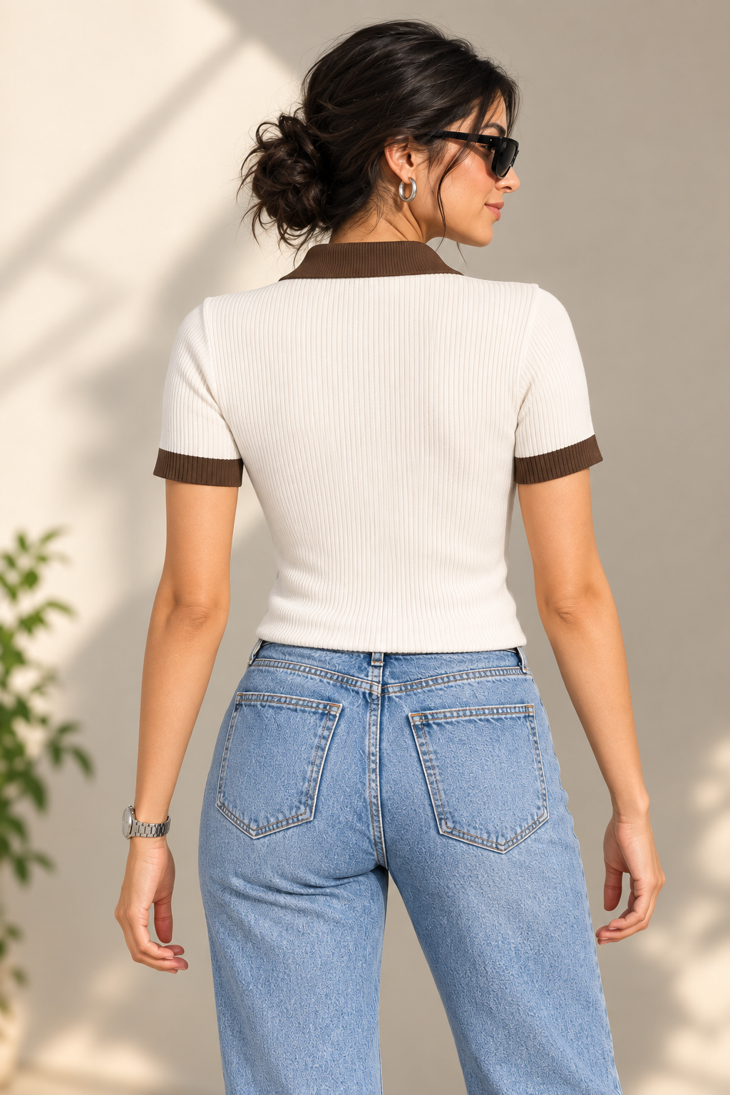 Contrast Ribbed Polo Half Sleeve — Cream & Brown