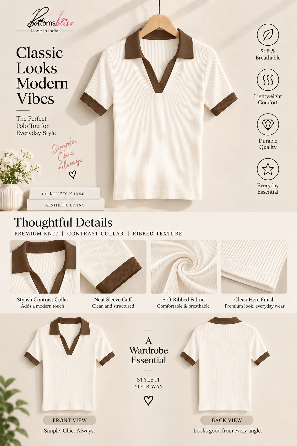 Contrast Ribbed Polo Half Sleeve — Cream & Brown
