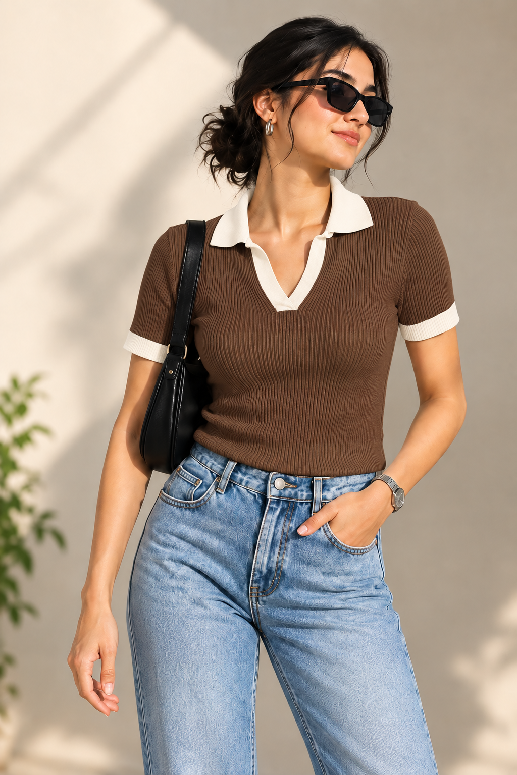 Contrast Ribbed Polo Half Sleeve — Brown & Cream