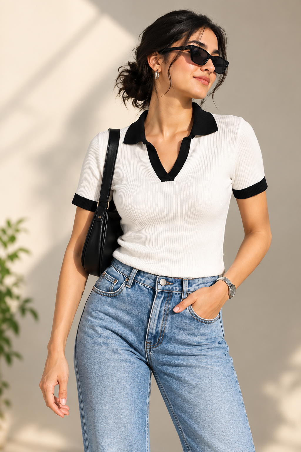 Contrast Ribbed Polo Half Sleeve — White & Black