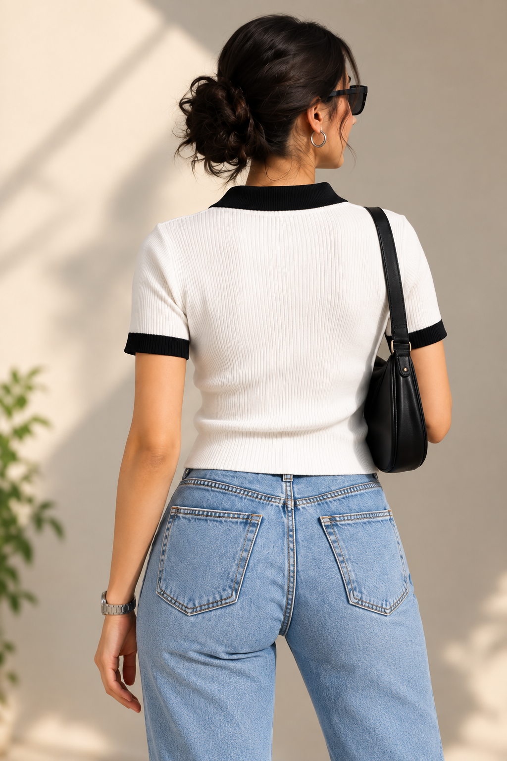 Contrast Ribbed Polo Half Sleeve — White & Black