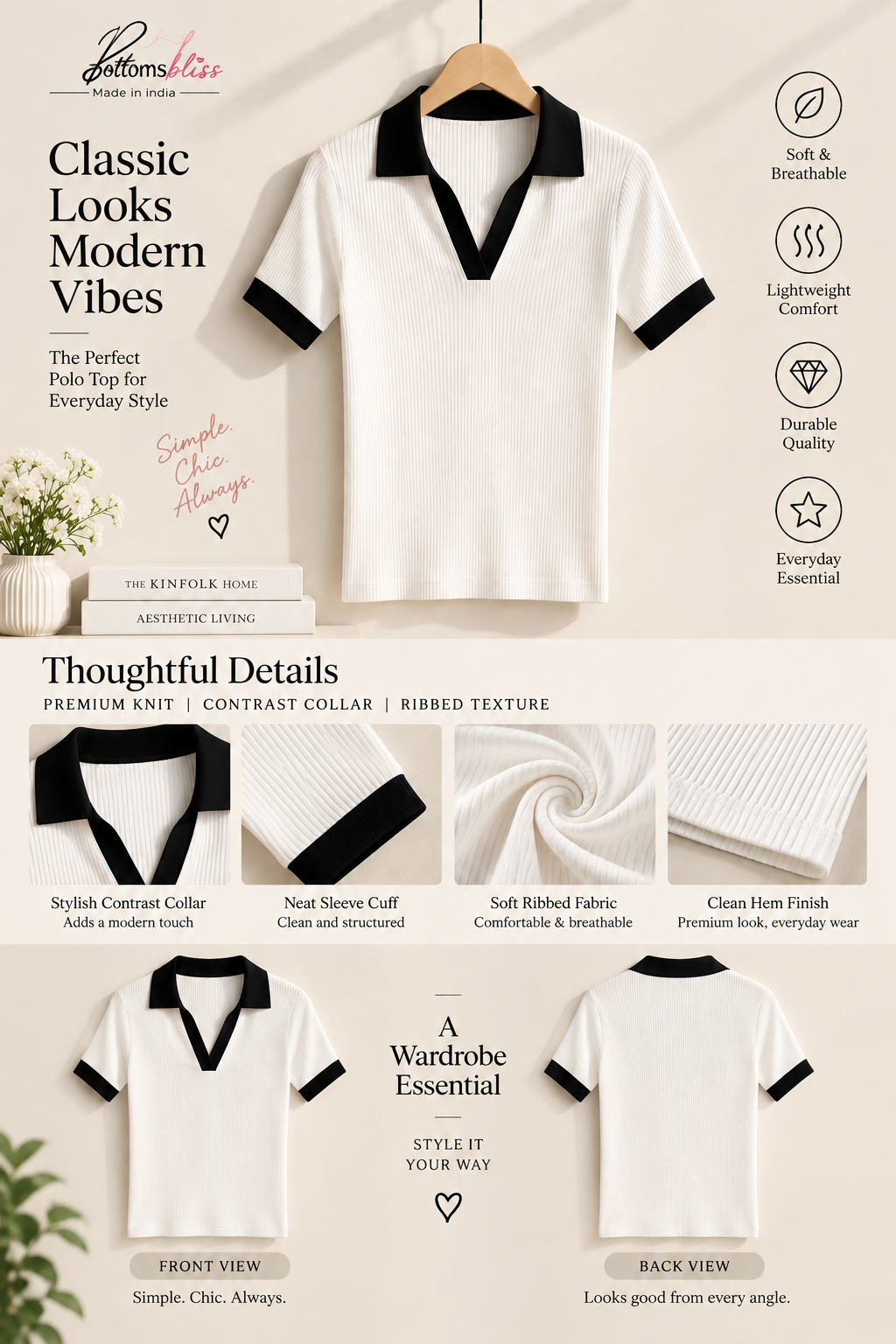 Contrast Ribbed Polo Half Sleeve — White & Black