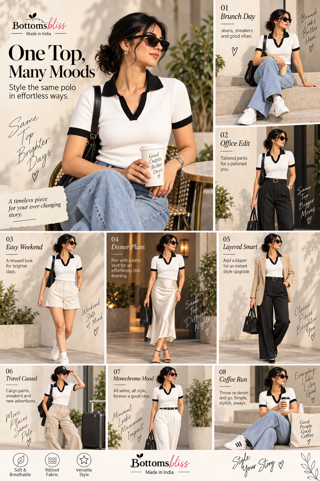 Contrast Ribbed Polo Half Sleeve — White & Black
