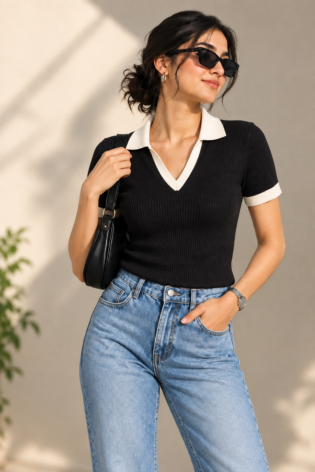 Contrast Ribbed Polo Half Sleeve — Black & Cream