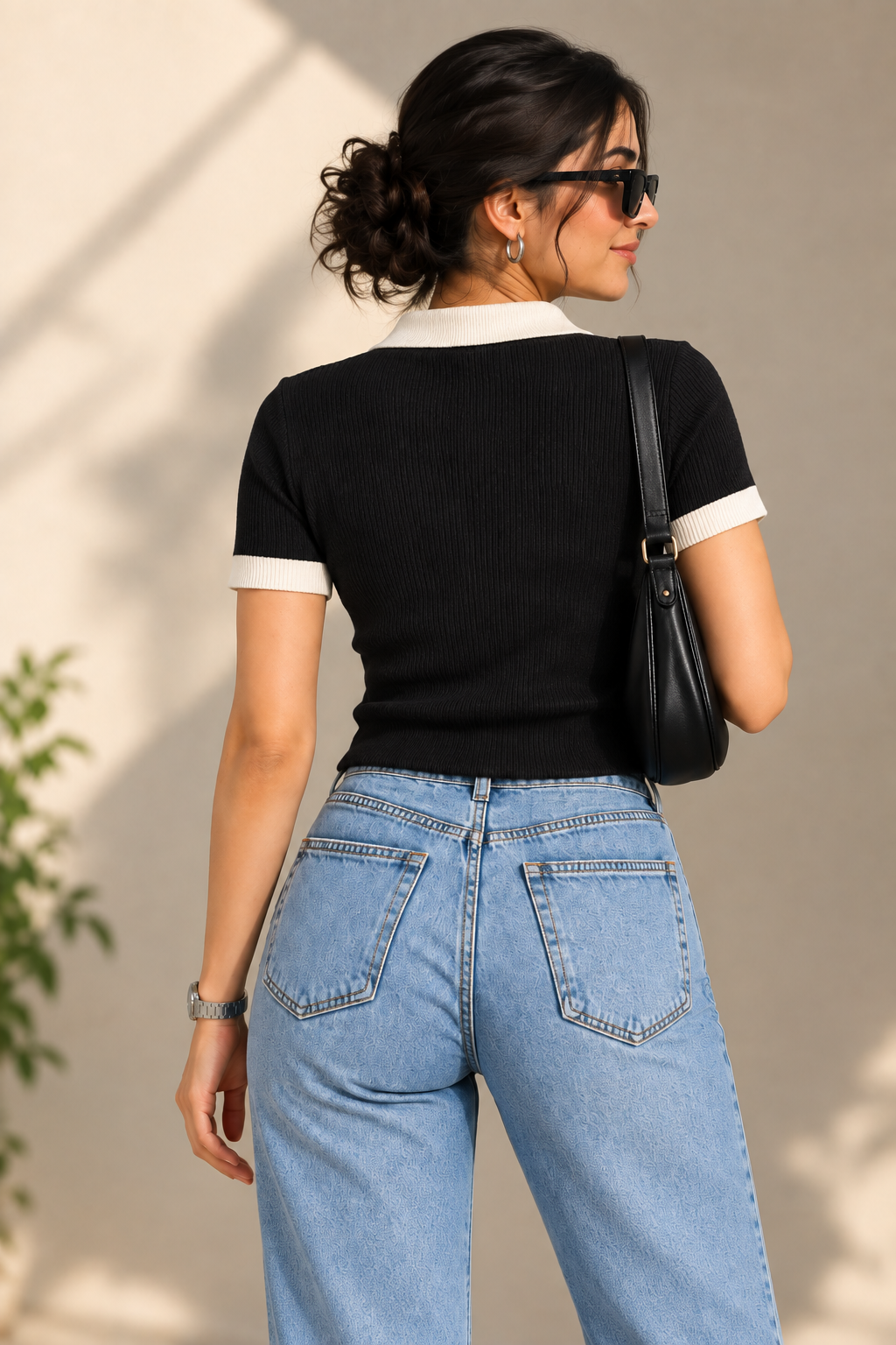 Contrast Ribbed Polo Half Sleeve — Black & Cream