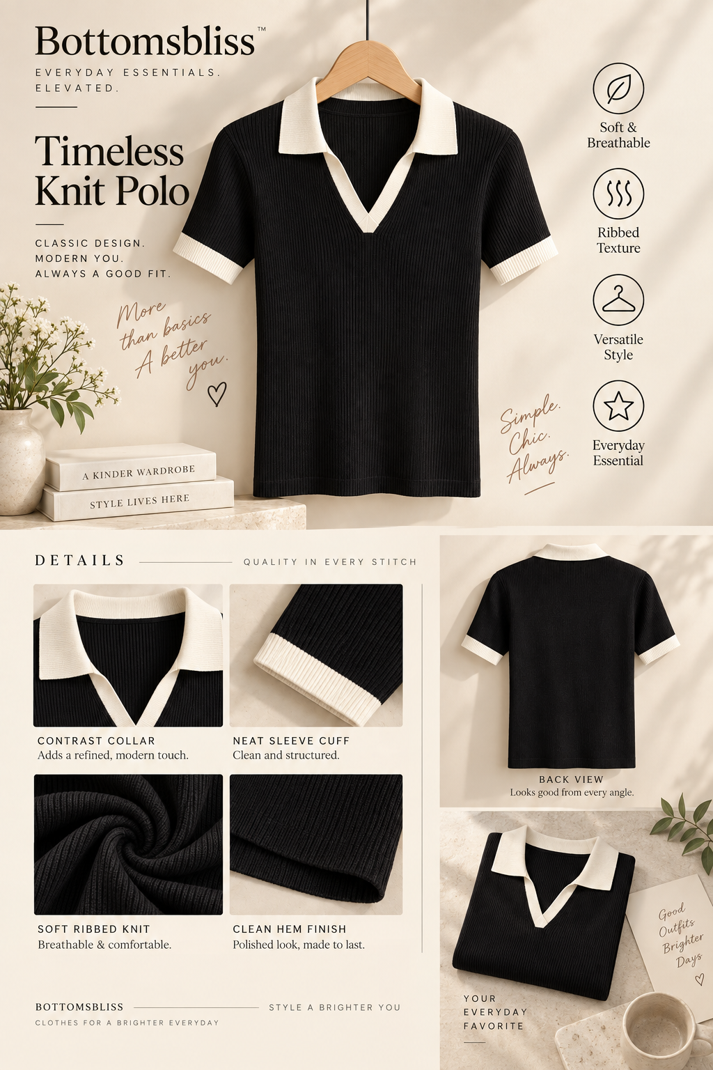 Contrast Ribbed Polo Half Sleeve — Black & Cream